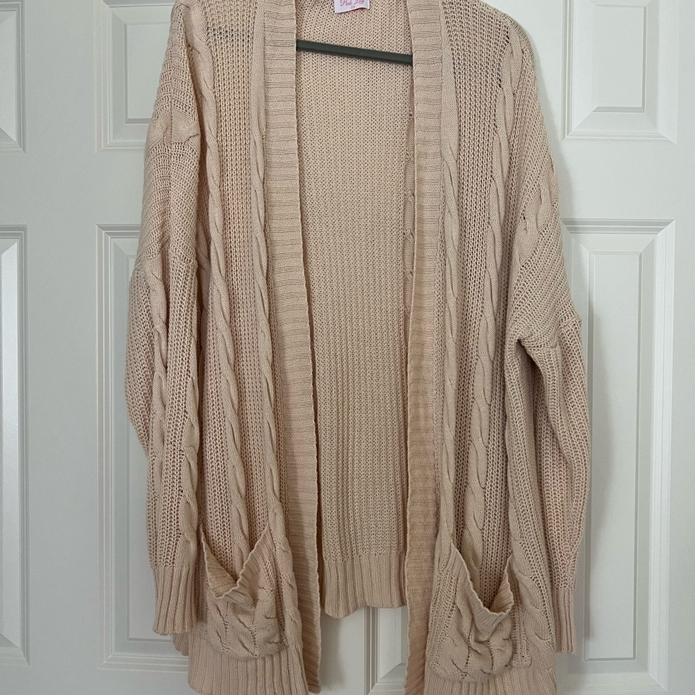 Pink Lily Beige Cable Knit Cardigan